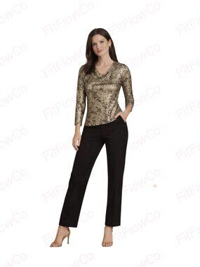 Donna Karan New York Metallic Print Top V-Neck Long Sleeve Gold Black XS NWT